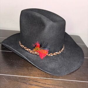 Black Felted Wool‎ Cowboy Hat | Longhorn Broner | Western Feather Trim | Large